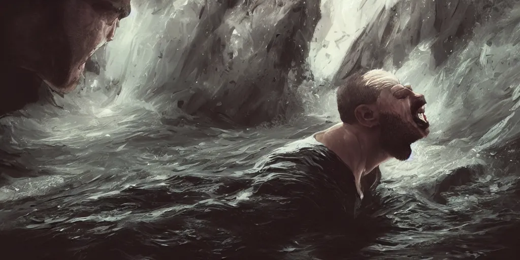 Image similar to a man desperately gasps for air mouth open as his head emerges just above the water of a raging river , Featured on Artstation, CGSociety, Behance
