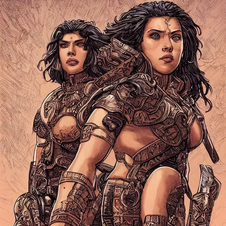 Prompt: scarlett johannson as an amazon warrior, a tall beautiful woman with brown skin and long hair, dressed in hellenistic body armour, intricate, elegant, highly detailed, smooth, sharp focus, detailed face, high contrast, graphic novel, art by laurie greasley