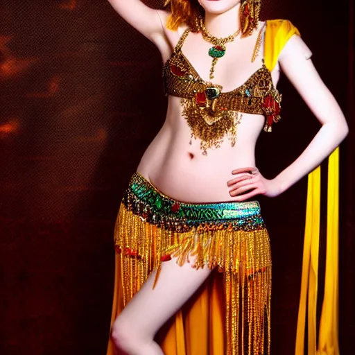 Prompt: a beautiful portrait of emma stone dressed as a belly dancer, arabian night, high quality, fully detailed, 4 k