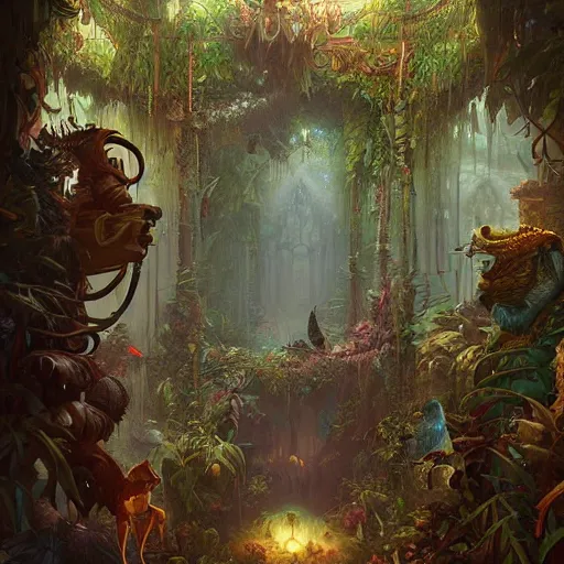 Image similar to hyperreal ultra detailed intricate victorian jungle room by peter mohrbacher and dan mumford, cgsociety, volumetric light