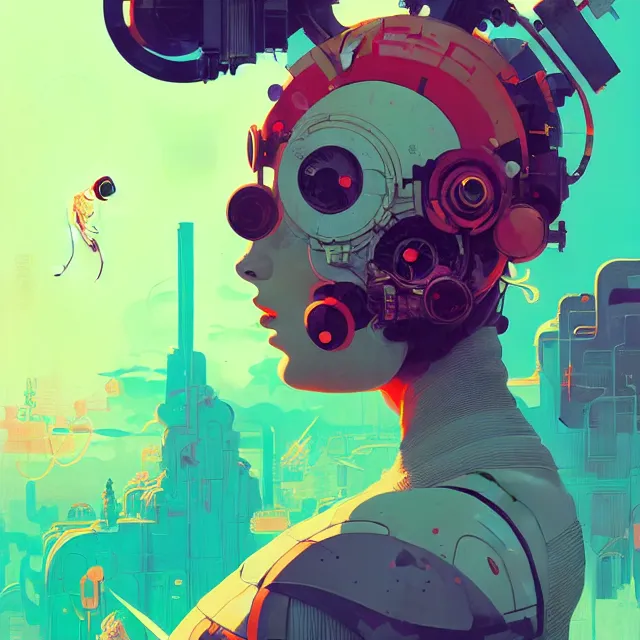 Prompt: a beautiful painting of a atompunk girl by victo ngai and pascal blanche and josan gonzalez and greg rutkowski and sachin teng and ralph nekro. in style of futurism art. brush stroke, vibrating colors, hyper detailed. 4 k texture. beautiful features. octane render. trending on artstation