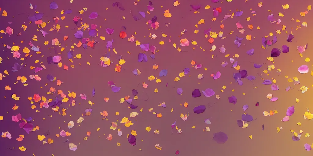 Image similar to background art of spaciously scattered flower petals flowing and flowing through the air from left to right on a simple sunset background, large individual rose petals, polygonal fragments, anime, artgerm, manga, trending on artstation, art nouveau, mature color scheme