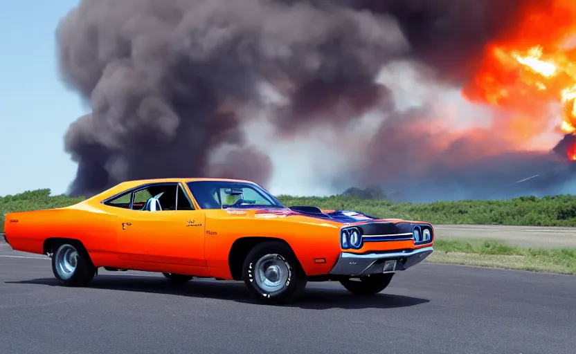 Prompt: a blue 1 9 7 0 plymouth road runner superbird driving high speed, fire explosion in the background, action scen. low camera realistic. high resolution. dramatic