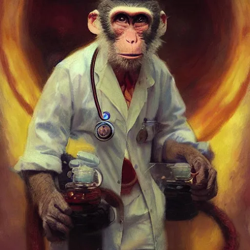 Image similar to portrait of a proud old monkey doctor working in a chemical lab, artwork by gaston bussiere, craig mullins, trending on artstation, monkey dressed as a scientist, using googles and wearing a doctor coat