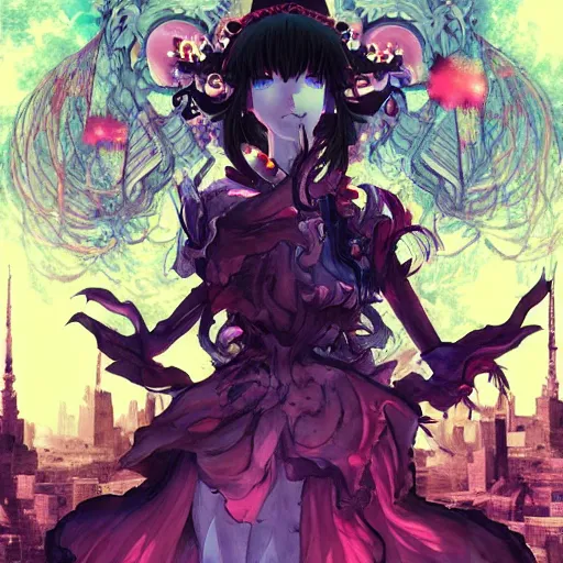 Prompt: A nightmare goddess of hell in the style of anime by Akihiko Yoshida, detailed anime trending on artstation, background of a neon city landscape by James Jean, trending on artstation