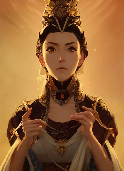 Prompt: empress, fire emblem, art by studio ghibli and j. c. leyendecker and greg rutkowski and artgerm, portrait, d & d, fantasy, highly detailed, digital painting, trending on artstation, concept art, sharp focus, illustration