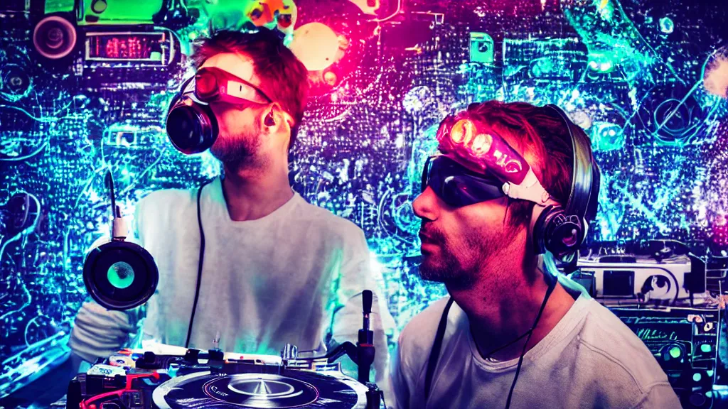 Image similar to a person wearing goggles and visor and headphones using a retro record player contraption, wires and tubes, turntablism dj scratching, intricate planetary gears, cinematic, imax, sharp focus, leds, bokeh, iridescent, black light, fog machine, hazy, lasers, hyper color digital art