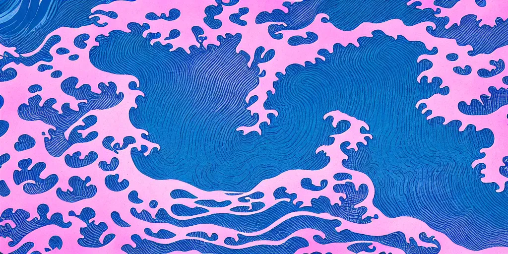 Prompt: blue purple and pink colored ocean waves rolling into the beach in the pattern of the great wave off Kanagawa, high resolution, 8k