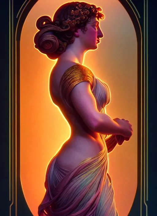 Image similar to side portrait aphrodite from antique greece, greek goddess, gloomhaven, soft, smooth, luminescent, art nouveau tarot, backlit glow, colorful swirly ripples, gaudy colors, aesthetic octane render, unreal engine, 8 k, by artgerm, greg rutkowski, alphonse mucha