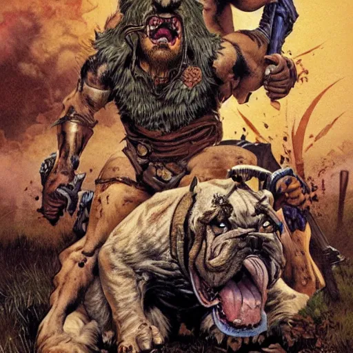 Prompt: grinning hybrid [ bulldog and man ] barbarian, fantasy warrior, drooling, ultra detailed, 4 k, style of norman rockwell, style of richard corben.