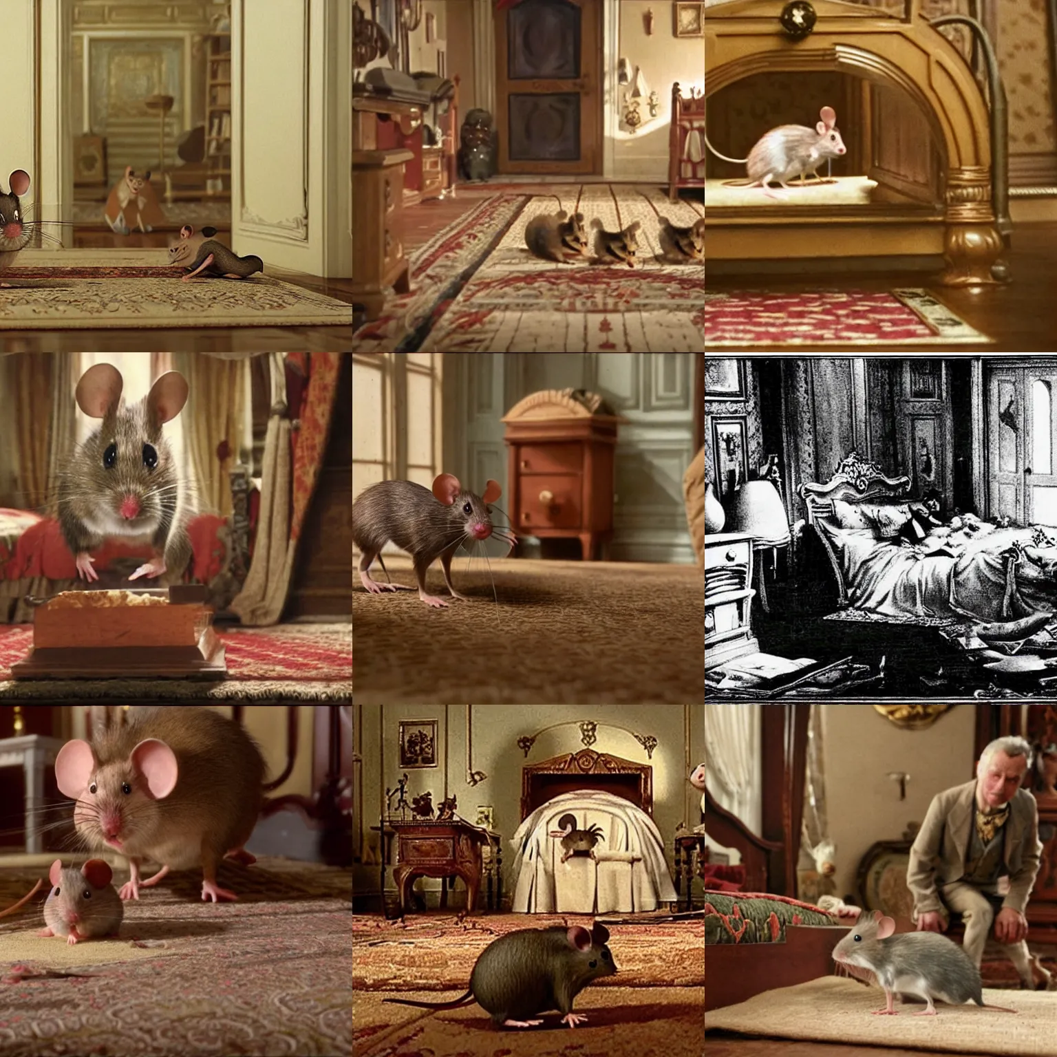Prompt: a still from the movie mousehunt of the mouse in his bedroom