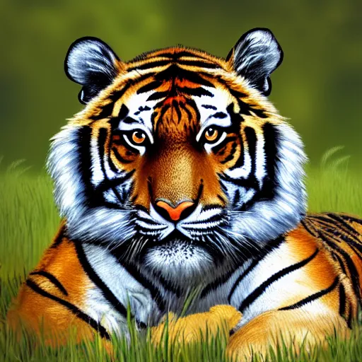Prompt: tiger sits on a meadow, surrounded by butterflies, artstation