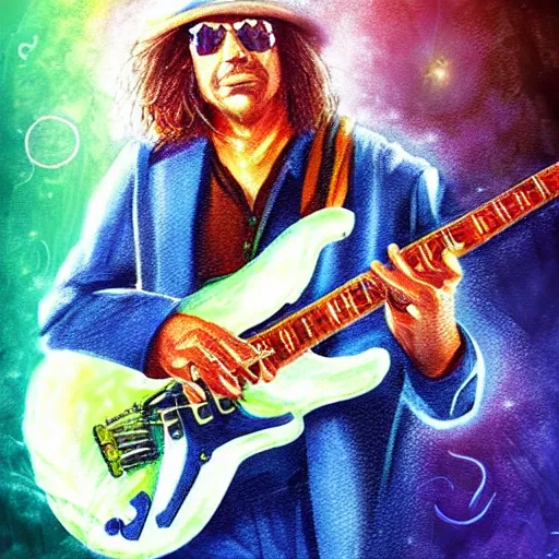 Image similar to a Stevie Ray Vaughn guitarist playing so intensely there is electricity shooting out from his guitar, energy beams under his finger tips, and magic sparkles from the freboard, amazing ditial art, trending on artstation, featured on deviantart