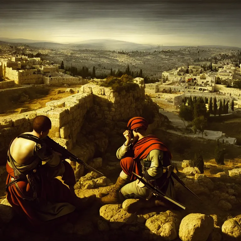 Prompt: a soldier watching a battle from the top of a hill in Jerusalem, dreamy atmosphere, symmetrical baroque painting, perfect composition, beautiful detailed intricate octane highly detailed trending on Artstation, 8K fine art photography, photorealistic, perfect light soft natural volumetric cinematographic, chiaroscuro, award-winning photography, masterpiece, Raphael, Caravaggio, Greg Rutkowski, Beeple