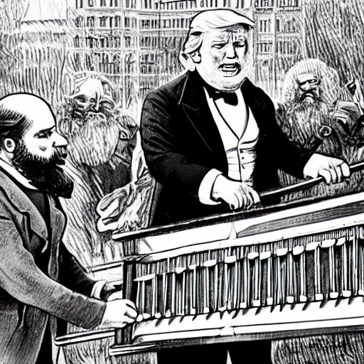 Image similar to karl marx fighting donald trump on marimbas. black and white high contrast