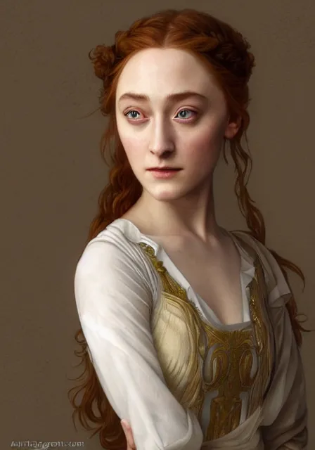 Image similar to sansa saoirse ronan, intricate, elegant, highly detailed, digital painting, artstation, concept art, smooth, sharp focus, illustration, art by artgerm and greg rutkowski and alphonse mucha and william - adolphe bouguereau