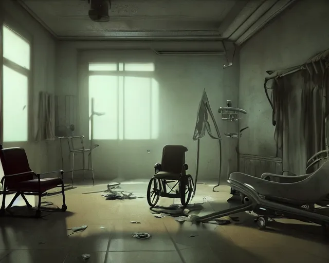 Image similar to artstation scifi scene an old ward, one ceiling fan, wheelchair, crutches, 3 beds, dust, paneled walls, unreal engine 5, hyper realism, realistic shading, cinematic composition, blender render, octane render, hdr, detailed textures, photorealistic, wide shot