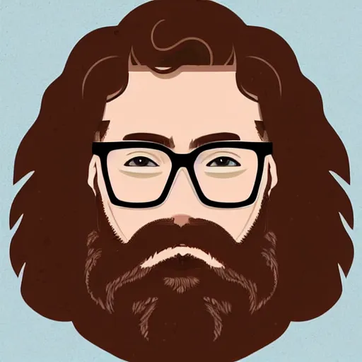 Prompt: dark auburn wavy hair heavy set american man with freckles, beard, rimless glasses, studio ghibli painterly style, portrait symetrical