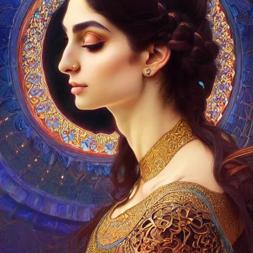 Image similar to Beautiful portrait of a Persian Princess who is an architect, beautiful princess, face painting, beautiful body, attractive, babe, dramatic lighting, intricate, wild, highly detailed, digital painting, artstation, concept art, smooth, sharp focus, illustration, art by artgerm and greg rutkowski and alphonse mucha, footage from space camera