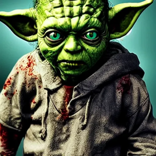 Prompt: zombie yoda as a zombified zombie in the walking dead, photograph, hyper realistic