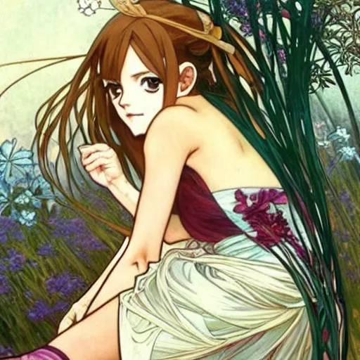 Image similar to cute anime feet, emma watson, alphonse mucha