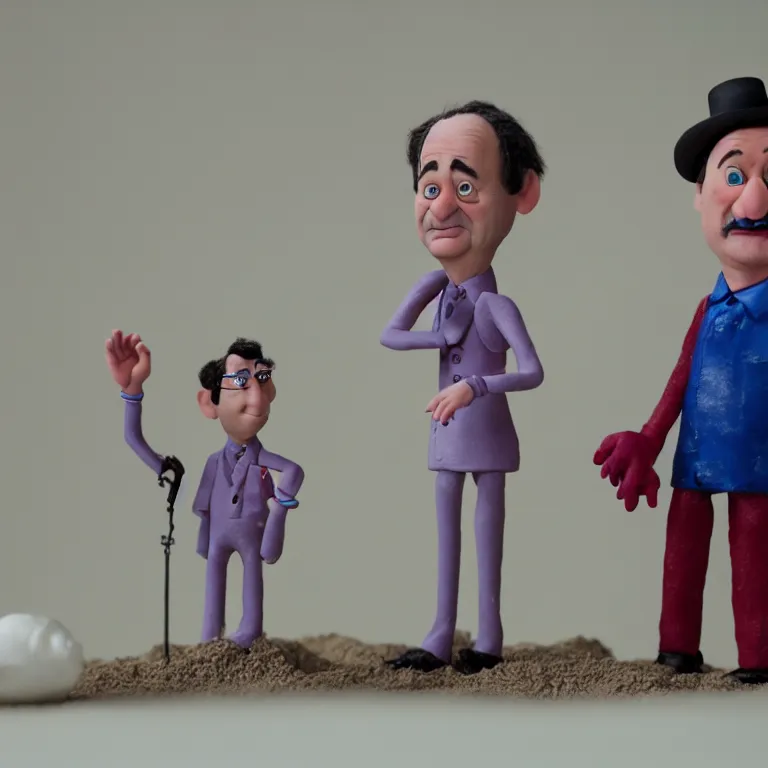 Image similar to a silly cinematic film still of a claymation stop motion film starring bill murray, shallow depth of field, 8 0 mm, f 1. 8