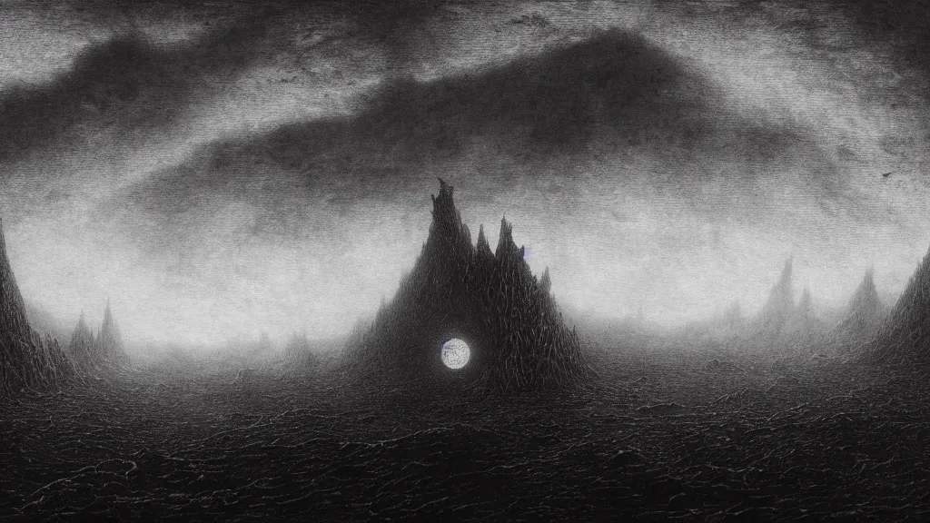 Prompt: the unknown place beyond the sea, ethereal world of dead oceans and burning mountains, under a pale dead moon, pale sands, deep rich colors, a lifeless dried husk of a world, etching by Gustave Dore, matte painting, 8k resolution artwork, folk horror, dramatic dark eerie lighting, horrific surreal nightmare, horror art, eerie, creepy, trending on artstation, painting, elaborate excellent painted illustration, smooth, autochrome