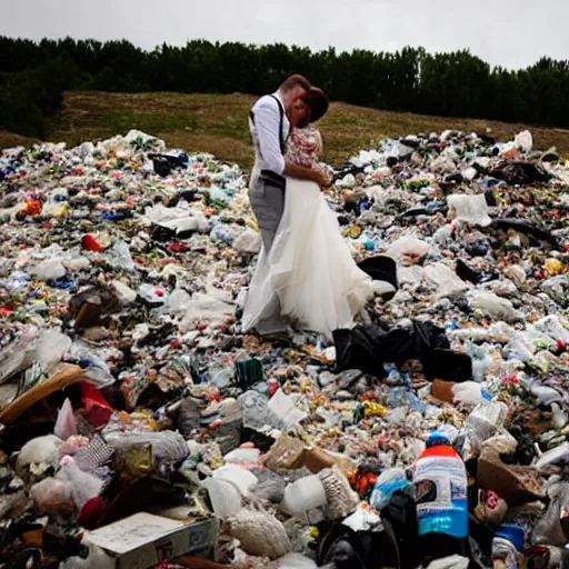 Prompt: a bride and groom embrace on the ground in trash at a landfill, wedding photo