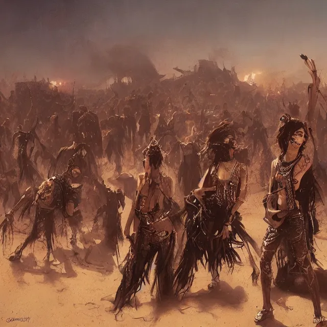 Prompt: a painting of a punk concert at the desert by greg rutkowski, dark fantasy art, high detail, trending on artstation