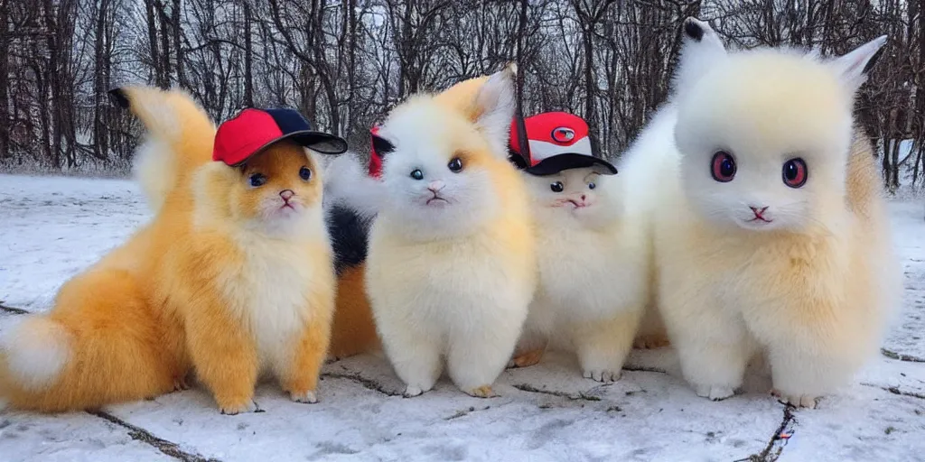 Prompt: real life pokemons, cute!!!, content!!!, mischievous!!!, adorable!!!, fluffy!!!, ultra realistic!!!, winter, blanket of snow, 4 0 0 0 kelvin, golden hour, sharp focus