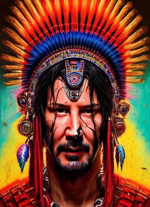 Prompt: portrait of keanu reeves, hyper detailed ultra sharp aztec shaman warrior. trending on artstation, warpaint aesthetic, bloodwave, colorful, psychedelic, ornate, intricate, digital painting, concept art, smooth, sharp focus, illustration, art by artgerm and greg rutkowski and h. r. giger, 8 k