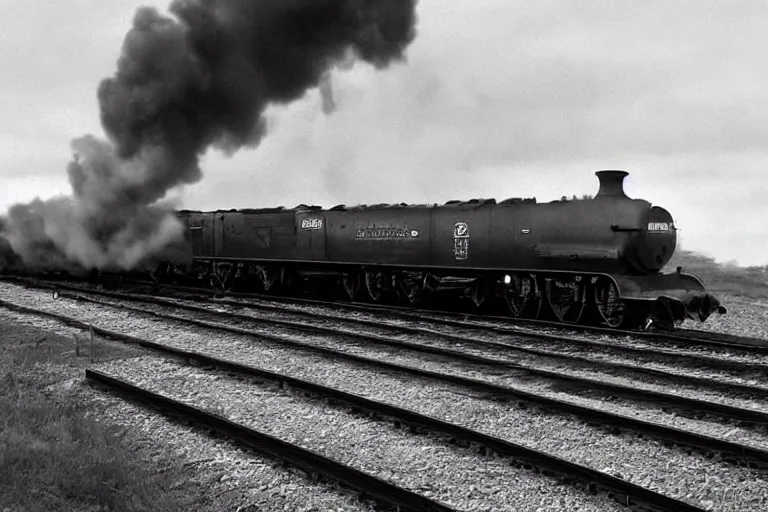 Image similar to black and white photograph of the lner a 4 mallard thundering down the rails at high speed, black smoke wooshing from the locomotive, cinematic, volumetric light, f 6 aperture, cinematic eastman 5 3 8 4 film