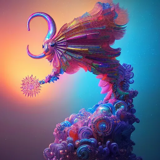 Image similar to iridescent opalescent animal in candyland, warm tones, bioluminescent : by michal karcz, daniel merriam, victo ngai and guillermo del toro : ornate, dynamic, particulate, intricate, elegant, highly detailed, centered, artstation, smooth, sharp focus, octane render