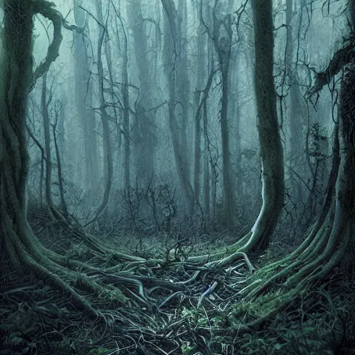 Prompt: dark, extremely dense forest, haunting atmosphere, grassy floor covered with gnarling roots, 4k, 1000 hour digital artwork by Gerald Brom