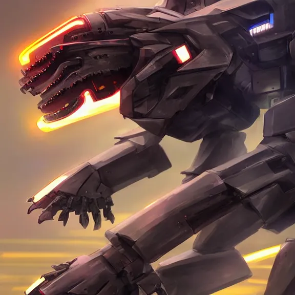 Image similar to hyper realistic, epic, highly detailed cinematic full body shot of a mecha canine, sharp claws, sleek armor, glowing visor, destroying city, digital art, furry art, dragon art, zoids art, furaffinity, deviantart