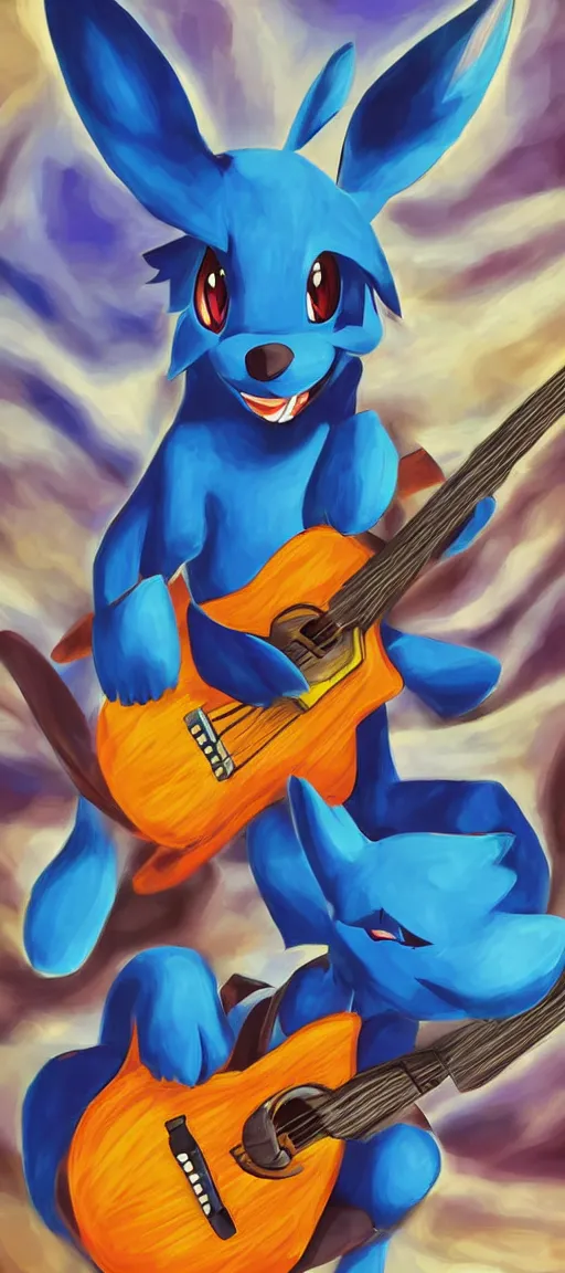 Prompt: lucario playing guitar at a concert, portrait full body, digital art, high quality, detailed, beautiful colors, mesmerizing