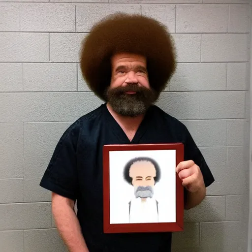 Prompt: jailphoto of a cute bob ross dressed as an inmate inside jail