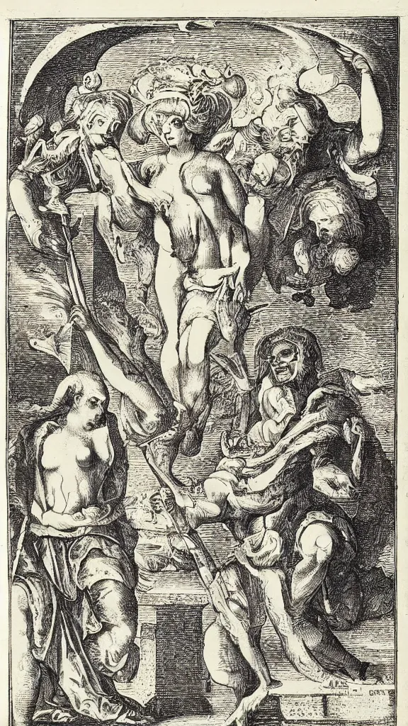 Image similar to esoteric etching print of the devil and his wife, amphitheatrum sapientiae aeternae, 1 5 9 5