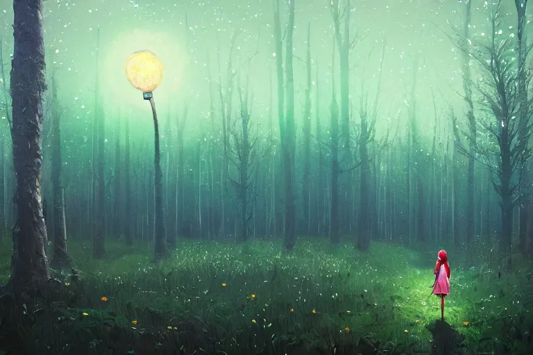 Image similar to giant daisy flower head, girl walking in a moonlit forest, hills, surreal photography, dark night, star trails, dramatic light, impressionist painting, clouds, digital painting, artstation, simon stalenhag