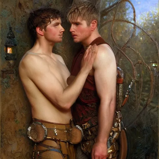 Image similar to attractive male, arthur pendragon who has blond hair confesses his love to attractive male, merlin who has dark hair. highly detailed painting by gaston bussiere, craig mullins, j. c. leyendecker 8 k