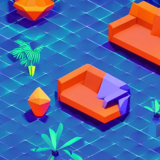 Prompt: isometric object is a low poly isometric sofa with an alien aesthetic inspired by pandora in the avatar movie, it has bioluminescent plants growing around it, cartoonish style but with beautiful orange - yellow with blue hints and it's bedecked with some sparkling crystals. a dark place, night isometric ambient black background neon.