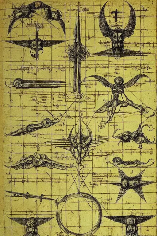 Prompt: design sheet of tools needed to summon a demon in an occult ritual by leonardo da vinci, blueprint page