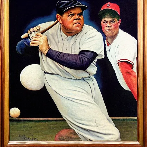 Image similar to a portrait painting of Babe Ruth. lifelike. Looks exactly like him. Painted by Norman Rockwell