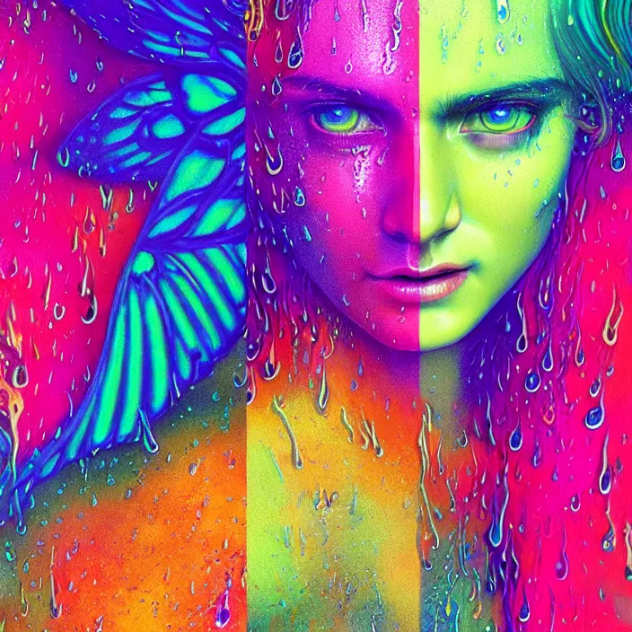 Image similar to bright psychedelic portrait with rain on face and wet hair, wings, smiling, diffuse lighting, fantasy, intricate, elegant, highly detailed, lifelike, photorealistic, digital painting, artstation, illustration, concept art, smooth, sharp focus, art by John Collier and Albert Aublet and Krenz Cushart and Artem Demura and Alphonse Mucha