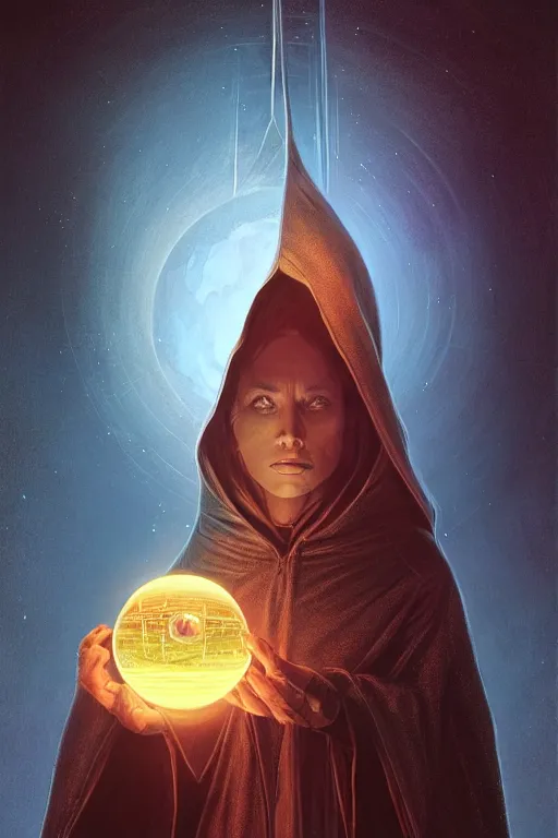 Image similar to wizard in a hooded cloak gazing into a crystal ball, high details, intricately detailed, by vincent di fate, artgerm julie bell beeple, inking, 3 color screen print, masterpiece, trending on artstation, cinematic composition, dramatic pose, volumetric lighting, sharp, details, hyper - detailed, hd, 4 k, 8 k