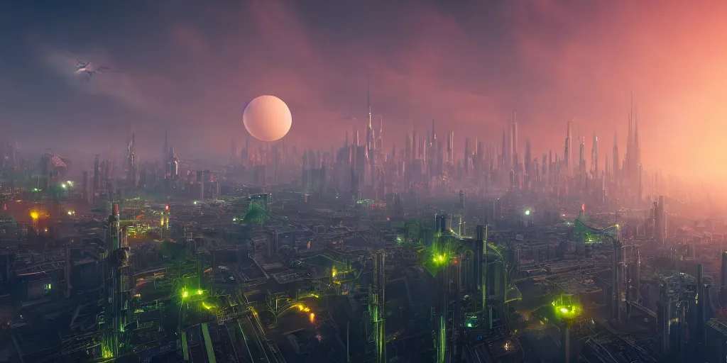 Prompt: big futuristic city like coruscant, with a yellow green smog sky, cinematic lighting, power plants with smoke, factories, tall metal towers, flying metal orbs with red lights, flying vehicles, a big moon in the sky, one blimp in the distance, hd 4k photo