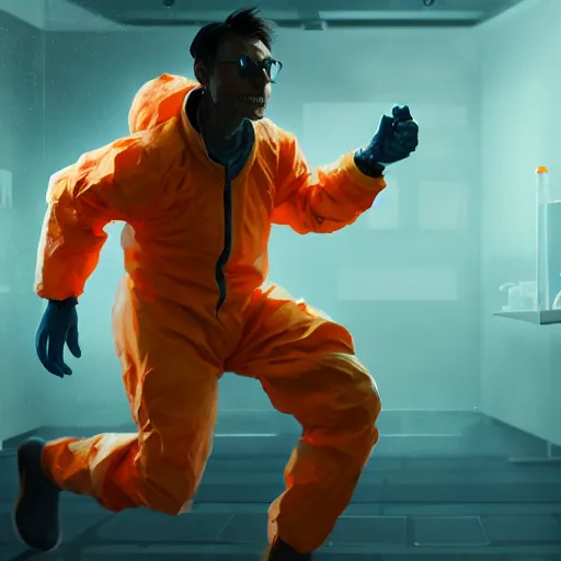 Image similar to commission of a man in an orange hazmat suit running from a mutant in a laboratory ,character design by charles bowater,greg rutkowski,ross tran,hyperdetailed,hyperrealistic,4k,deviantart,artstation,professional photography,concept art