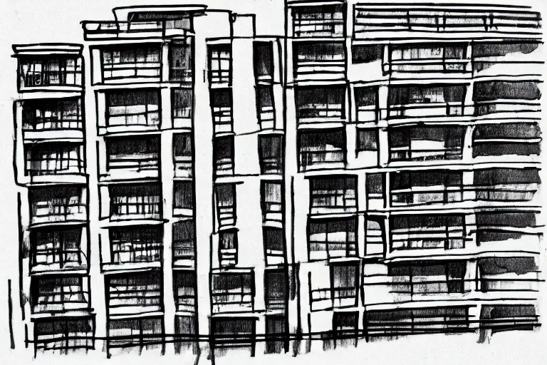 Image similar to a one line drawing of an urban balcony, solid background, black and white