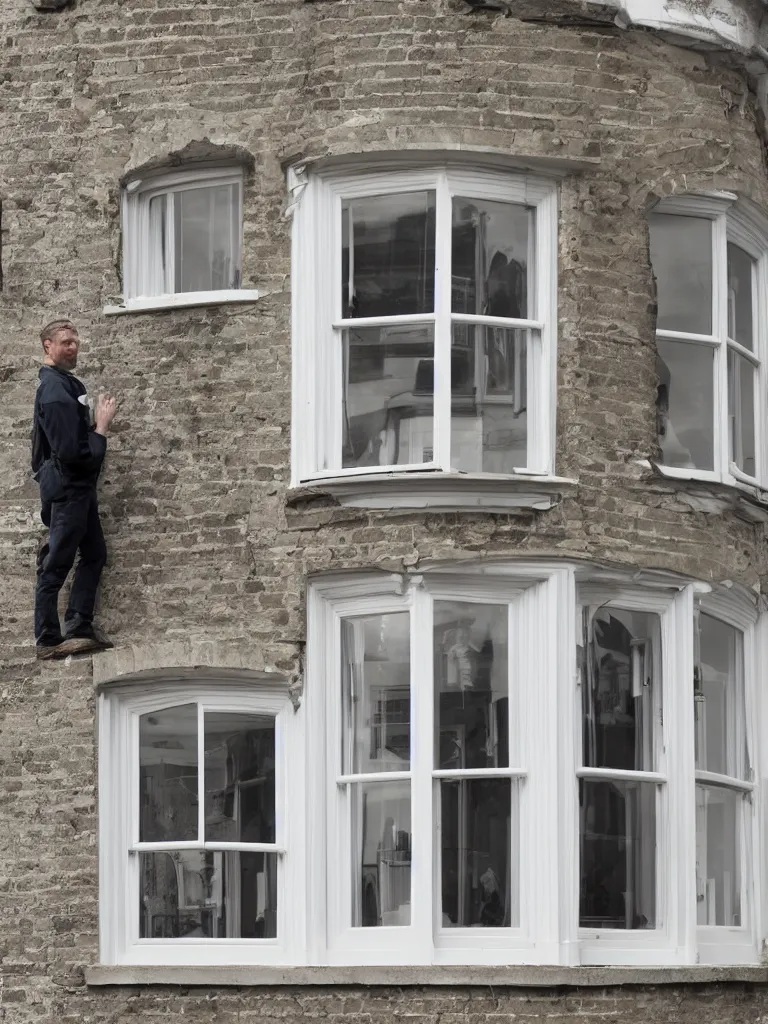 Image similar to single triangular or round sash window on a british wall, surprised and perplexed builders standing in front of it