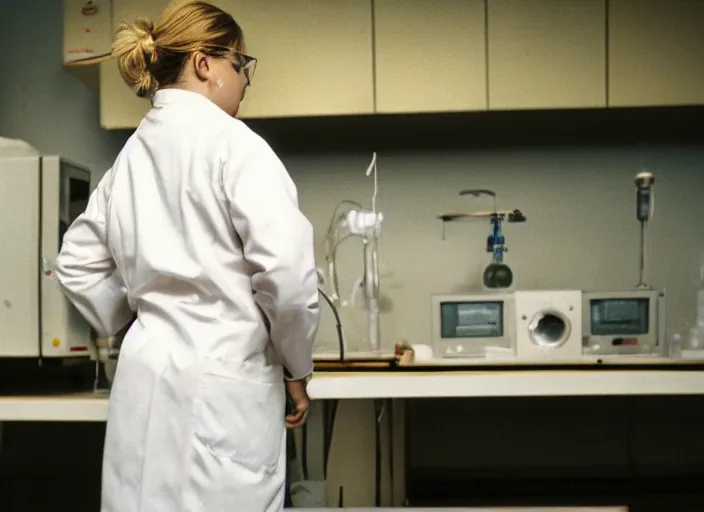 Image similar to a 3 5 mm photo from the back of a woman wearing a white lab coat standing in a laboratory, bokeh, canon 5 0 mm, cinematic lighting, dramatic, film, photography, golden hour, depth of field, award - winning, 3 5 mm film grain, retro, film, kodachrome, closeup